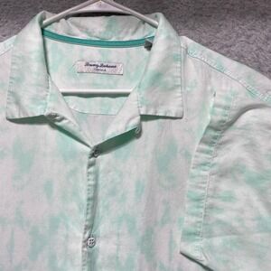 Tommy Bahama Tortola Mens XL Mint Green Tie Dye Palm Tree Tropical Camp Shirt